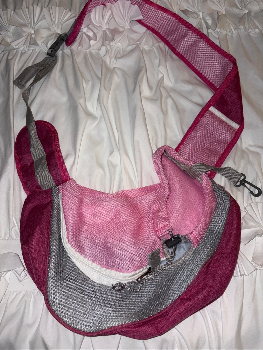 Pink and Gray Crossbody dog sling - Lightweight Shoulder Bag with safety leash